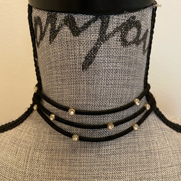 Jewelry - Layered Black Choker Necklace with Rhinestones
